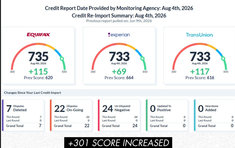 Credit re-import summary showing a +301 combined score increase