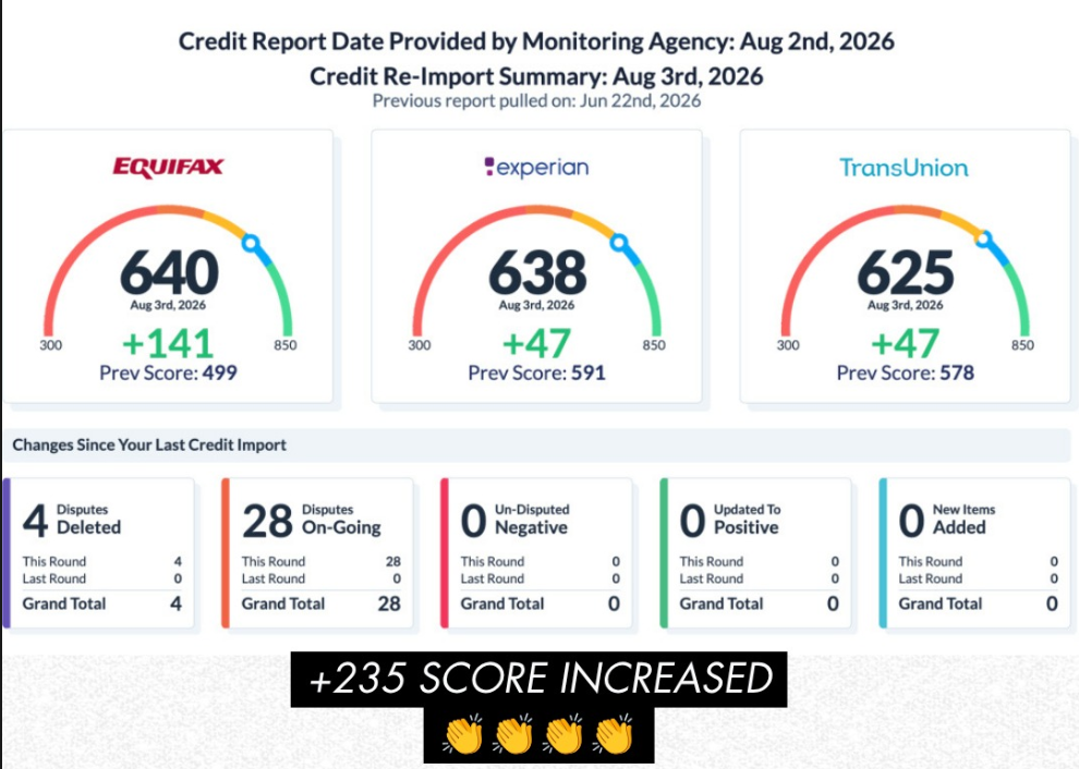 Credit re-import summary showing a +235 combined score increase